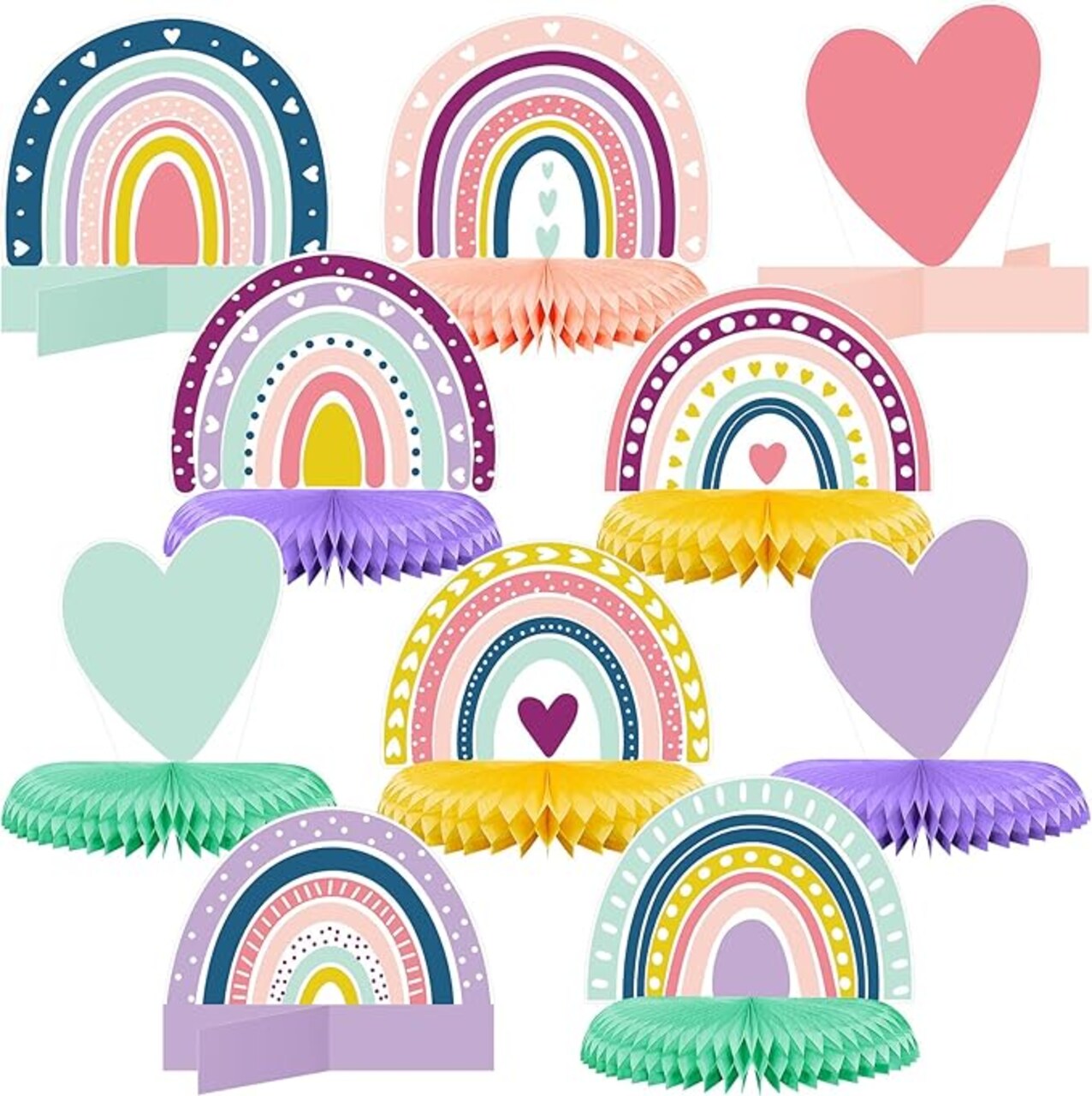 10 Pcs Rainbow Honeycomb Centerpiece Rainbow Teamed Easter Birthday Party Table Decoration Supplies Pastel Table Sign Boho Decor Heart Paper Centerpiece for Baby Shower Wedding Decor